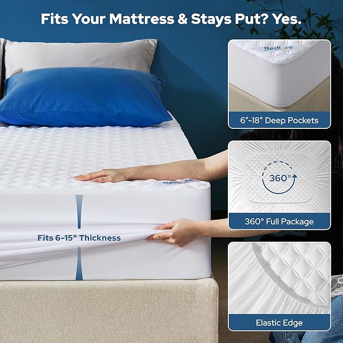 BEDLORE 2 Pack Waterproof Mattress Protector, Twin XL Size Mattress Pad with Deep Pocket Fitted Up to 6-15 inches, Soft Noiseless Single Bed Mattress Cover for Bedroom (White)