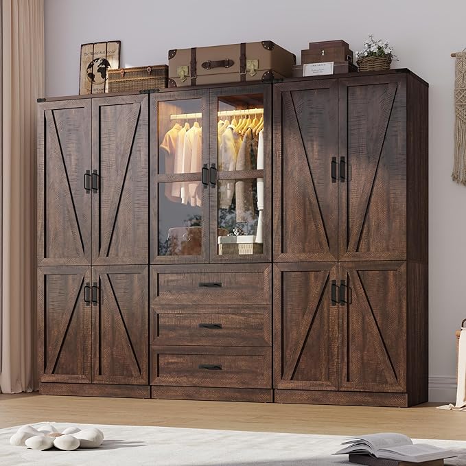 Hlivelood 75" Tall Farmhouse 6 Doors Armoire Wardrobe Closet with 3 Drawers and LED,Freestanding Closet Wardrobe Cabinet for Bedroom with Hanging Rod,Wooden Armoire Storage Cabinet(Brown 6 Doors 1)
