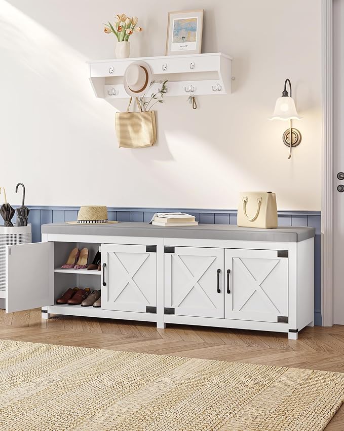 Hzuaneri Shoe Storage Bench, 2 Tier Shoe Bench with Padded Seat Cushion & 4 Barn Doors, 59" Entryway Bench with Adjustable Shelf, Farmhouse Shoe Cabinet for Living Room, Bedroom, White SB31503GY