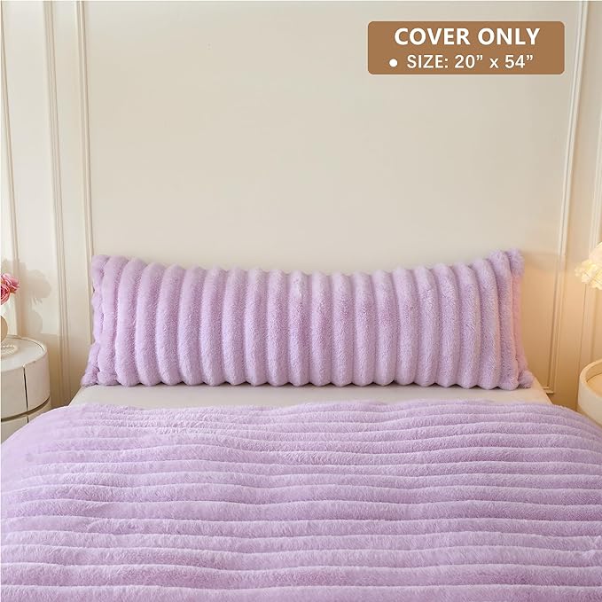 MEGO Fluffy Faux Rabbit Fur Body Pillow Cover, Comfy Plush Fuzzy Striped 20x54 Bedoom Body Pillowcase Light Purple, Shaggy Ribbed Long Bed Pillow Case with Zipper for Kids Girls Teens Adults, Lavender