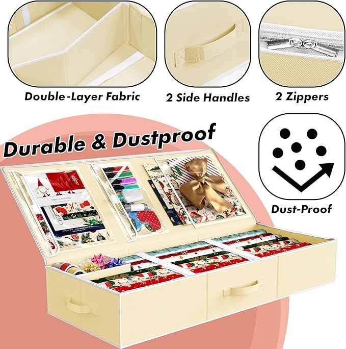 Simple Houseware 41.5" Wrapping Paper Storage Organizer - Fits 40 Rolls with Adjustable Straps, Interior Divider for Ribbons & Bows, 3 Clear Pockets for Gift Bags & Tools, 41.5''L x 16''W, Beige