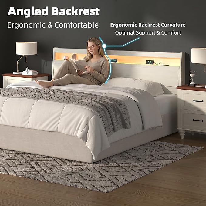 Wooden Headboard Only with Storage, Skirting Groove for Enhanced Stability, Built-in Power Outlet, 2 USB Ports & LED Light - Solid Wood Leg Sturdy Stable Bed Backboard (Ivory White, Queen)