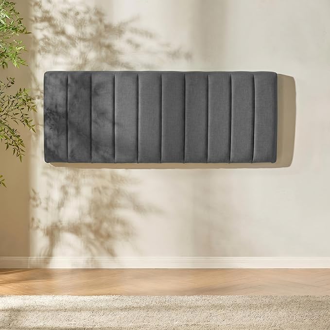 Hearth & Harbor Upholstered Full Headboard - Easy Assemble Channel Stitched Headboard Full Size - Wall Mounted Headboards with 3D Soundproof Wall Panels Peel & Stick Floating Headboards, Grey
