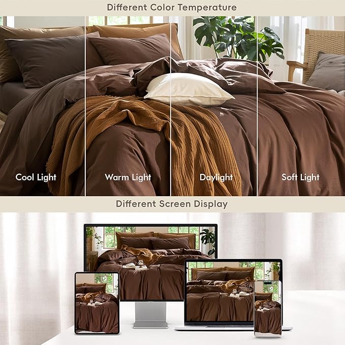 MooMee Bedding Duvet Cover Set 100% Washed Cotton Linen Like Textured Breathable Durable Soft Comfy (Solid Cocoa Brown, Super King 108"x98")