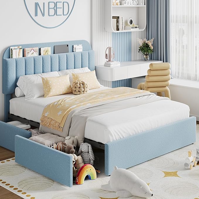 Garvee Full Size Bed Frame with 2 Flexible Drawers, Boucle Upholstered Platform Bed Frame with Bookcase Headboard, Bedframe for Kids/Boys, Easy Assembly, No Box Spring Needed, Noise Free, Blue