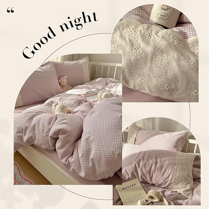 mixinni Purple White Gingham Duvet Cover King Size - 3 Piece Cottagecore Plaid Bedding Set with Lace Trim, Soft Washed Microfiber Vintage Aesthetic Grid Comforter Cover & Pillow Shams