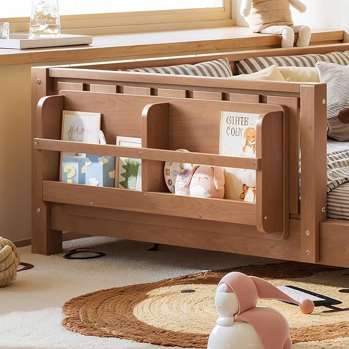Bellemave Full Size Kids Montessori Bed with Bookshelf,Solid Wood Full Floor Bed Frame with Fence and Slats for Girls Boys,Low-Profile,Dark Natural
