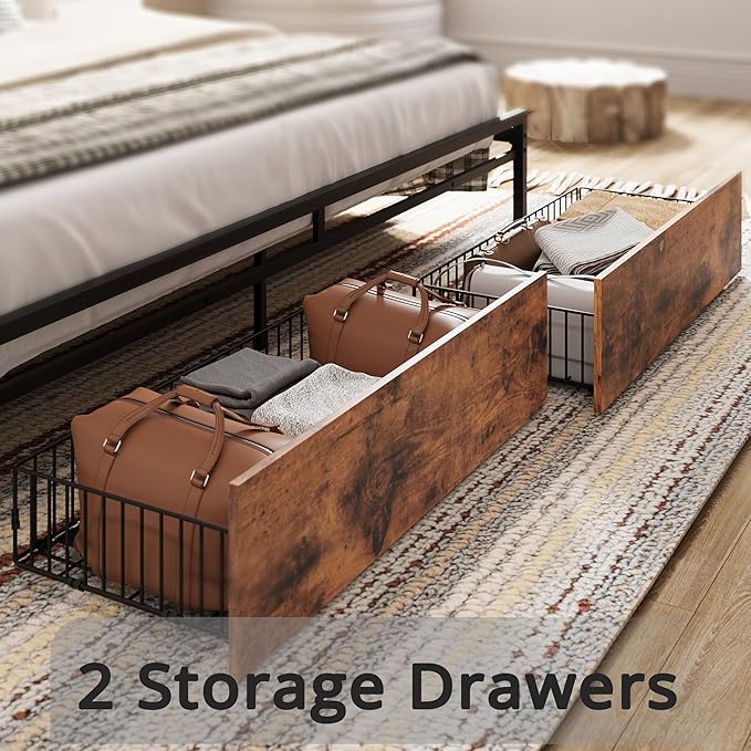 LIKIMIO Queen Bed Frame, Storage Headboard with Charging Station, Platform Bed with Drawers, No Box Spring Needed, Easy Assembly, Vintage Brown and Gray