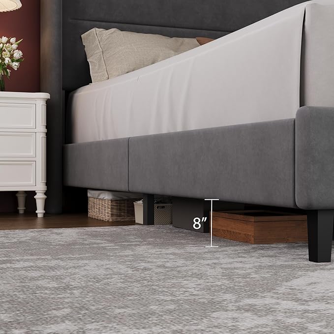 Garvee Queen Size Bed Frame with Wingback Headboard, Velvet Upholstered Platform Bedframe with Wood Slats, No Box Spring Needed, Easy Assembly, Grey