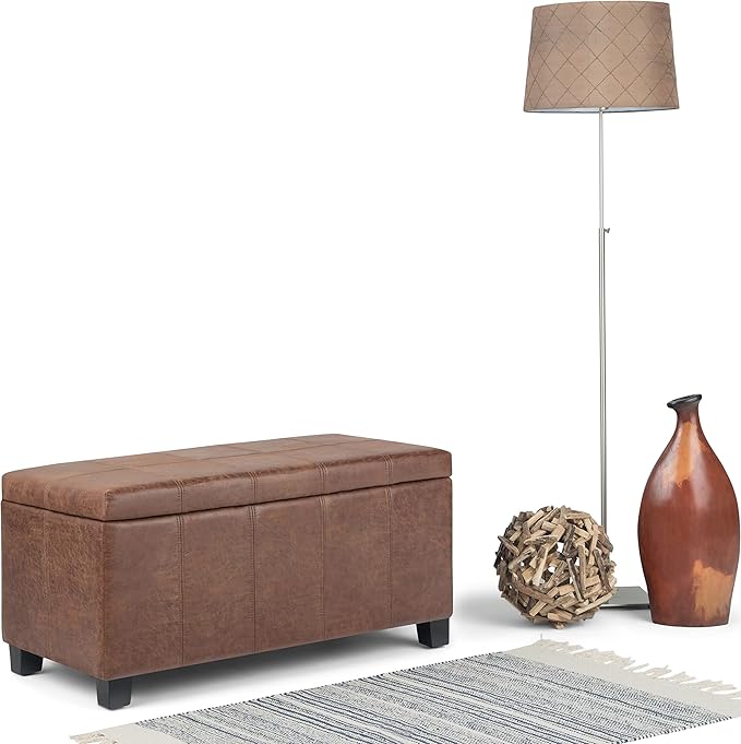 SIMPLIHOME Dover Storage Ottoman Bench - 36 inch Wide Upholstered Vegan Leather Rectangular Lift-Top Ottoman in Distressed Umber Brown, Contemporary Bench for Living Room with Safety Hinges