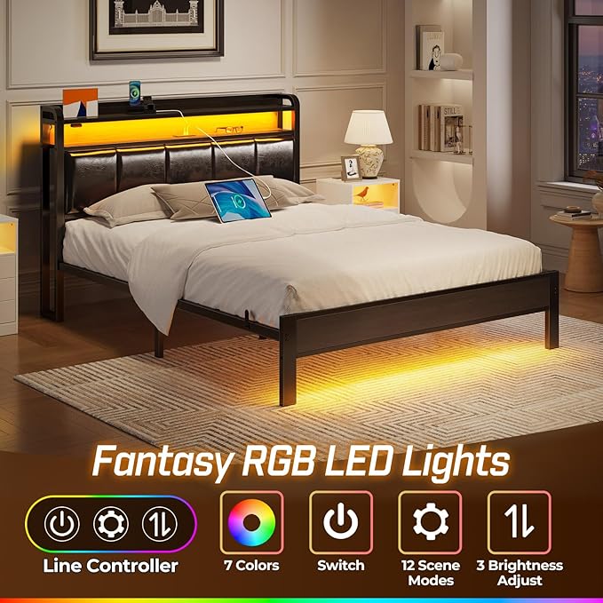 Rolanstar Bed Frame Queen Size with Charging Station and LED Lights, PU Leather Headboard with Storage Shelves, Heavy Duty Metal Slats, No Box Spring Need, Noise Free, Easy Assembly, Black