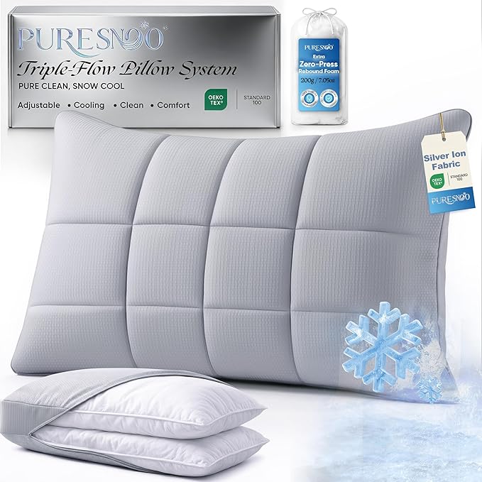 Cooling Adjustable Pillow for Side Sleepers, Silver Infused Bed Pillow, Cool Soft Firm Pillow for Hot Sleepers, Back & Stomach Sleepers, Self-Cleaning Technology for 3X Freshness Sleep, Grey