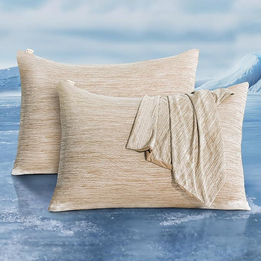 LUXEAR 2 Pack Cooling Pillow Cases Queen Size, Arc-Chill Q-Max > 0.5 for Hot Sleepers, Hair & Skin Friendly, Double-Sided, Machine Washable, Hidden Zipper, Gift for Women Men, 20x30, Beige