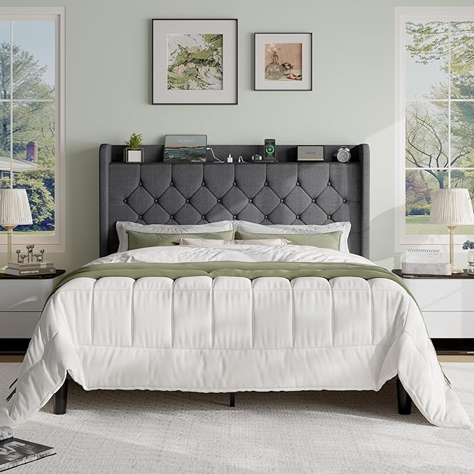 SHA CERLIN Full Size Platform Bed Frame with Charging Station, Linen Wingback Headboard with Storage Shelf, Wooden Slats Support, Ample Under-Bed Space, No Box Spring Needed, Easy Assembly, Dark Grey