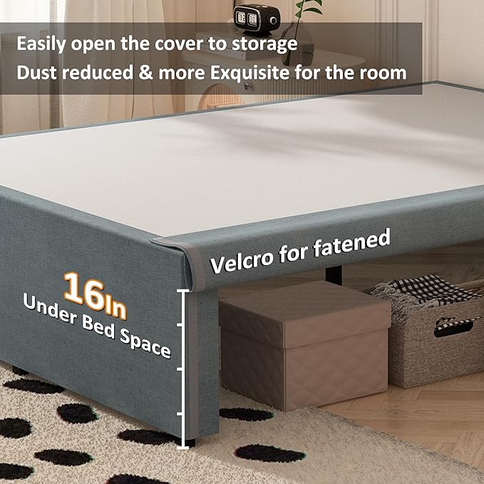 Maenizi Queen Bed Frame with Fabric Cover 18 Inch, Heavy Duty Metal Bed Frame Queen Size, No Box Spring Needed, Support Up to 3000 lbs, Easy Assembly, Noise Free, Black