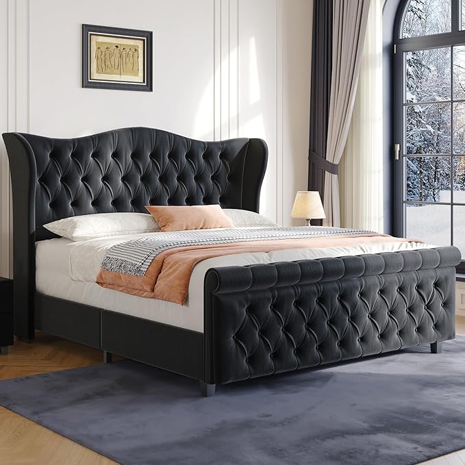 koorlian King Size Bed Frame,Velvet Upholstered Sleigh Bed with Scroll Wingback Headboard & Footboard,Luxury & Soft Button Tufted Modern Bed,Easy Assembly,No Box Spring Needed