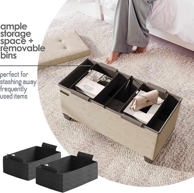 Storage Ottoman Bench with Bins, 30-in Storage Bench for Bedroom End of Bed, Folding Foot Rest Ottoman for Living Room Max 660lbs, Velvet Ottomans, Beige