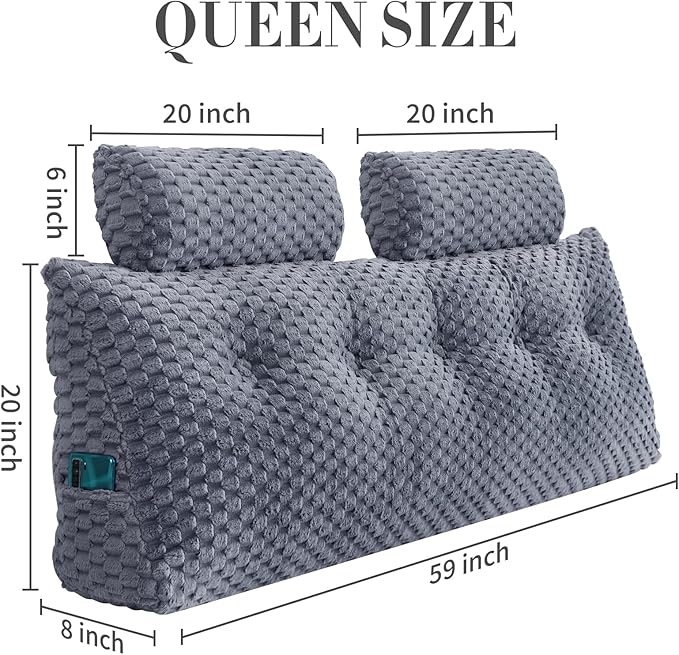 Wedge Headboard Pillow Queen- Bed Wedge Pillow for Headboard Triangular Headboard Pillow with Neck Roll Pillow-Large Bolster for Sitting in Bed Backrest Positioning Support (Grey,59x8x20 Inches)