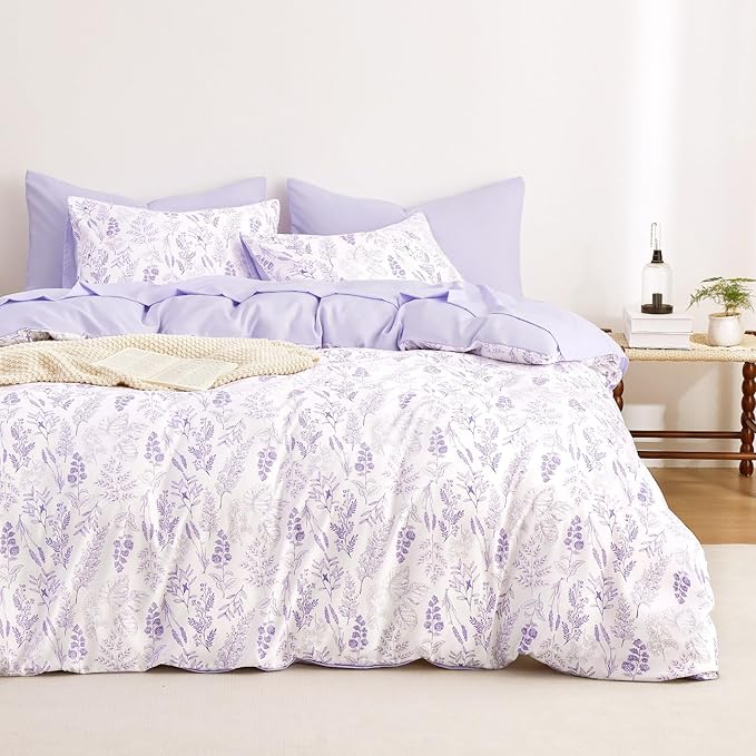 Wake In Cloud - Floral Duvet Cover Set, Botanical Vintage Flower Coquette Cottagecore Aesthetic for Women Teen Girls, Soft Lightweight Bedding, 3-Piece, Lilac, Full Size