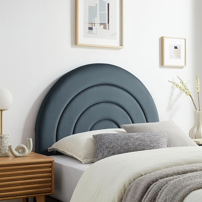 Modway Solana Soft Arch Shaped Round Twin Headboard in Cadet Blue – Upholstered Headboard – Stain-Resistant Performance Velvet Headboard for Twin Beds