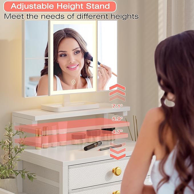 HIGDBFE Vanity Desk with Mirror and Lights, 28.4''W Small Makeup Vanity Table with Height-Adjustable Stand, 2 Fabric Drawers Compact Makeup Desk, Gift for Girls, Bedroom Small Space, White