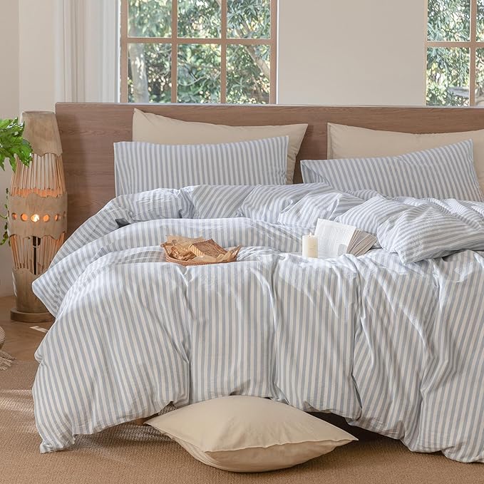 MooMee Striped Duvet Cover Set 100% Washed Cotton Linen Like Textured Breathable Durable Soft Comfy (Cornflower Blue White Classic Stripes, Twin 68"x90")