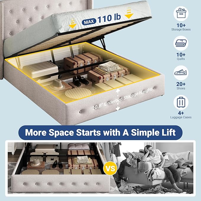 Allewie Queen Size Lift Up Storage Bed, Button Tufted Headboard with Wingback, Hydraulic Support, No Box Spring Needed, Light Beige