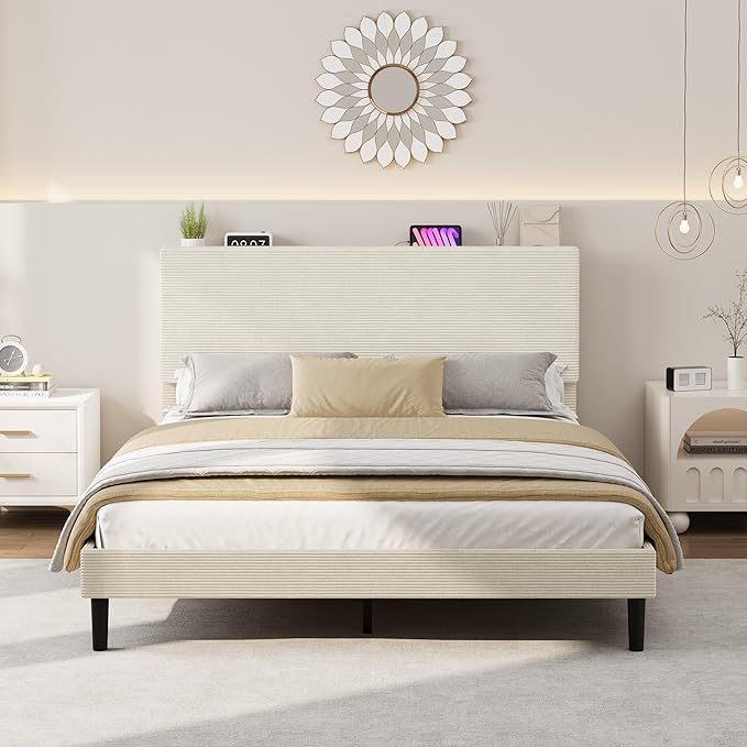 IDEALHOUSE Full Size Bed Frame, Platform Bed with Adjustable Corduroy Upholstered Storage Headboard and Charging Station, Sturdy Metal Support, Noise Free, Easy Assembly, Beige