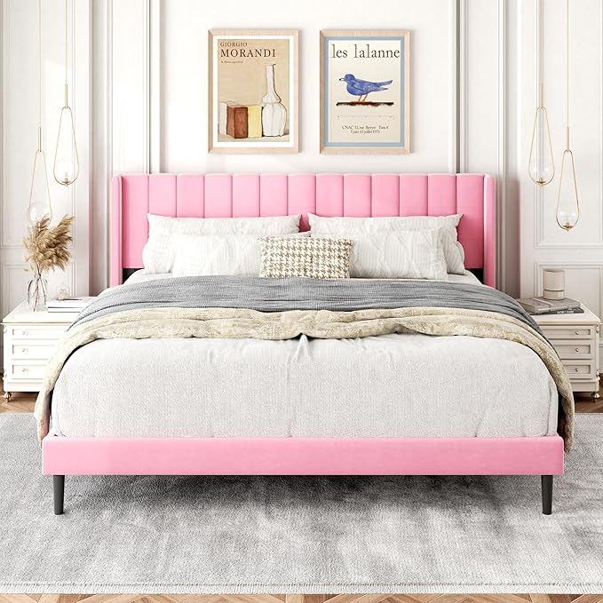 Gruwans King Size Bed Frame with Wingback Headboard, Upholstered Platform Bed, No Box Spring Needed, Sturdy Wooden Slat Support, Easy Assembly, Pink