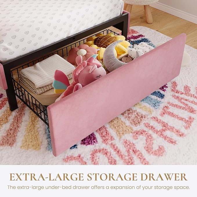 SHA CERLIN Upholstered Twin Size Bed Frame with LED Lights and Large Storage Drawer, Velvet Platform Bed with Adjustable Wavy Headboard, Noise Free, Easy Assembly, No Box Spring Needed, Soft Pink