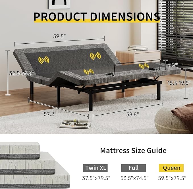 MULIN Queen Massage Adjustable Bed Frame, 6-Mode Vibration Massage with Timer, Head/Foot Ergonomic Incline, 2 USB, Preset Positions, Chrome Storage Shelf