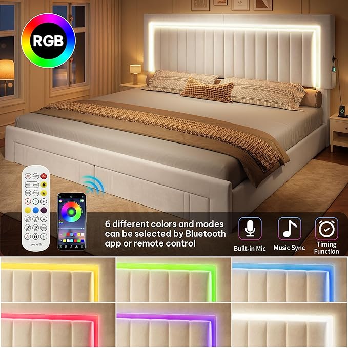 YITAHOME King Size Bed Frame with Velvet Vertical Tufted Upholstered Adjustable Headboard, 4 Storage Drawers, RGB LED Lights and USB Ports, No Box Spring Needed, Fast Assembly, Noise-Free, White