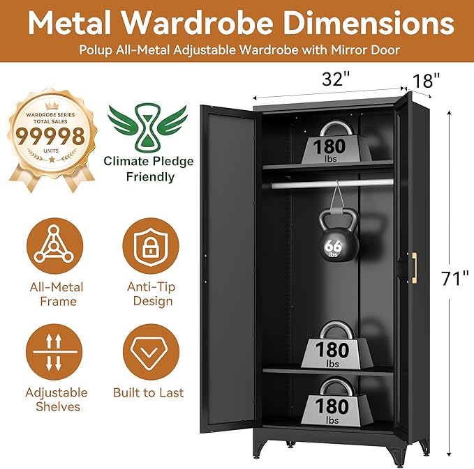 Polup Metal Armoire Wardrobe Closet with Mirror, 71" Tall Steel Clothing Storage Cabinet with 2 Doors, Hanging Rod and Adjustable Shelves, Freestanding Clothes Organizer for Bedroom, Office, Black