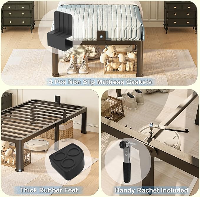 Yitong Angel 14 inch Twin XL Bed Frame with Round Corner Legs Mattress Slide Stopper,3500 lbs Heavy Duty Metal Platform,No Box Spring Needed,Easy Assembly,Noise Free