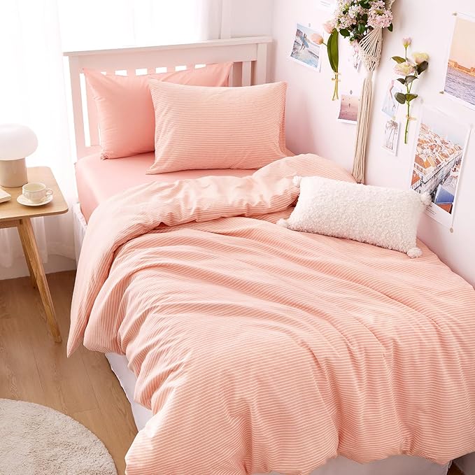Wake In Cloud - Striped Cotton Duvet Cover Set, 100% Washed Cotton Textured Percale Bedding Set, Ticking Stripe Pinstripe Farmhouse, 3 Pieces, Light Pink, Twin Size