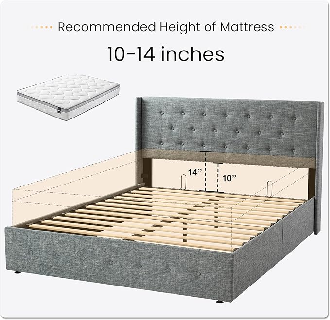 SHA CERLIN Queen Size Lift Up Storage Bed Frame,Button Tufted Wingback Headboard,Upholstered Platform,Hydraulic Storage,Wooden Slat Support,No Box Spring,Grey Blue