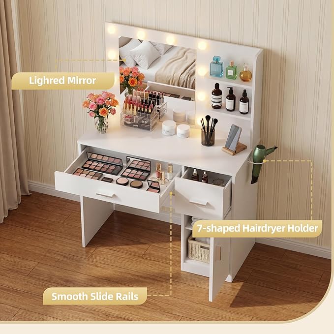 YESHOMY Vanity Desk with Mirror, 10 Lights, Power Outlet and 3 Storage Shelves, Makeup Table with 2 Drawers & 1 Cabinet, 3 Color Modes, for Bedroom, White