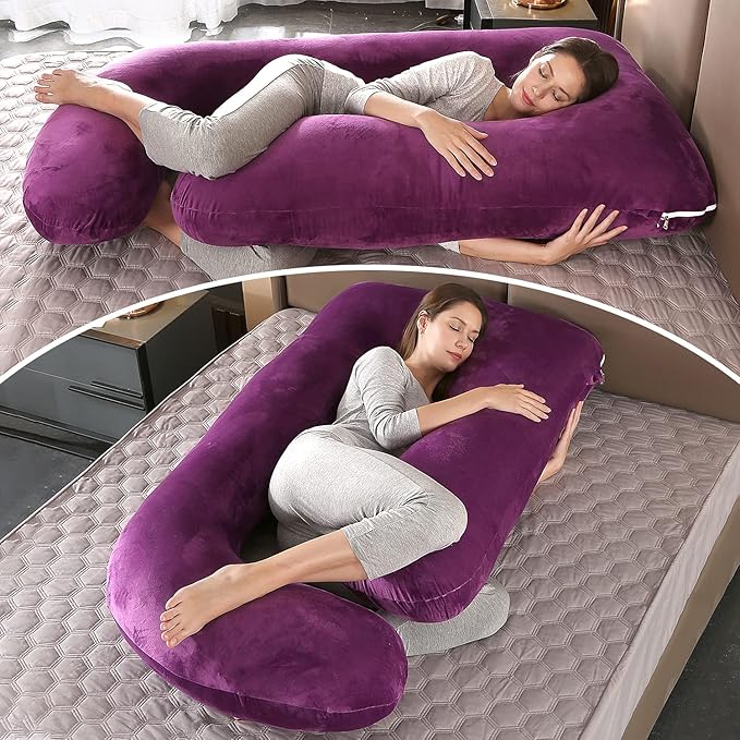 U-Shaped Full Body Pregnancy Pillow for Sleeping – 57" Maternity Pillow with Removable Cover, Support for Back, Legs, Belly & Hips (Velvet-Dark Purple)