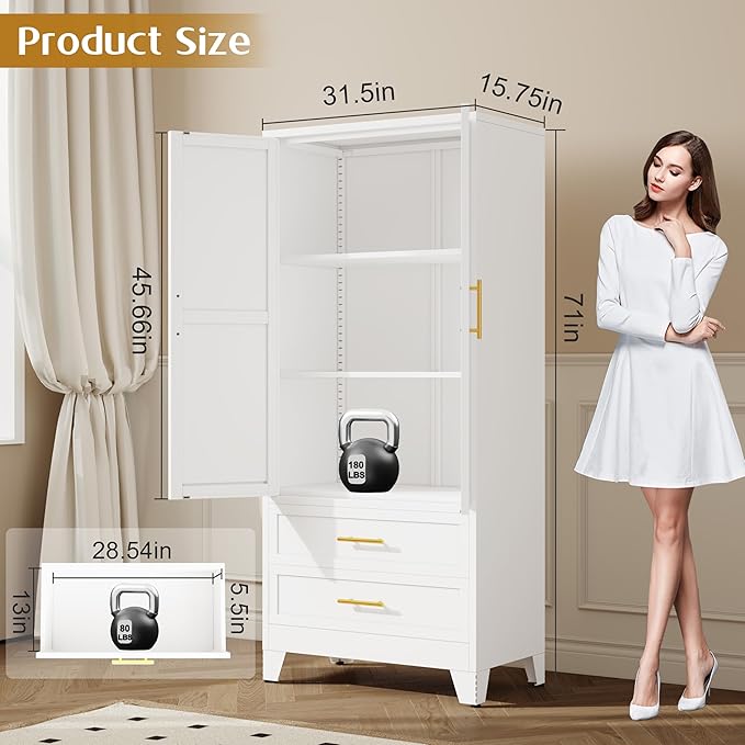GAIOUS Steel Pantry Cabinet, 71" Metal Storage Cabinets with 2 Doors, 2 Adjustable Shelf and 2 Drawers, Freestanding Storage Cabinet for Bedroom, Kitchen, Home Office (White)