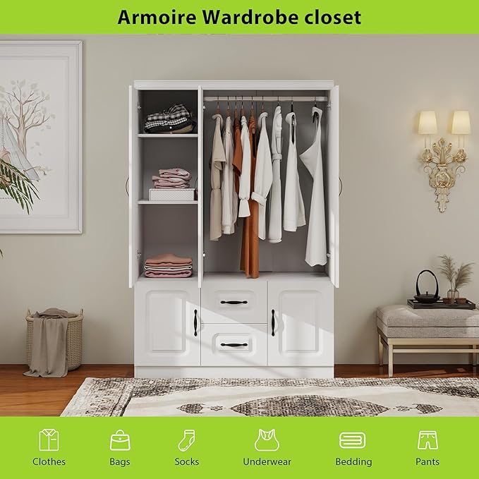 Armoire Wardrobe Closet 3 Door: Wooden White Bedroom Armoire Storage Cabinet for Large Capacity Armoire and Wardrobe Closet Wood with 2 Drawers Hanging Rail Shelves
