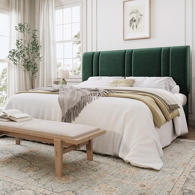 SHA CERLIN King Size Platform Bed Frame, Velvet Upholstered Bed with Adjustable Headboard, Vertical Channel Tufted Design, Sturdy Wood Slat Support, No Box Spring Needed, Easy Assembly, Green