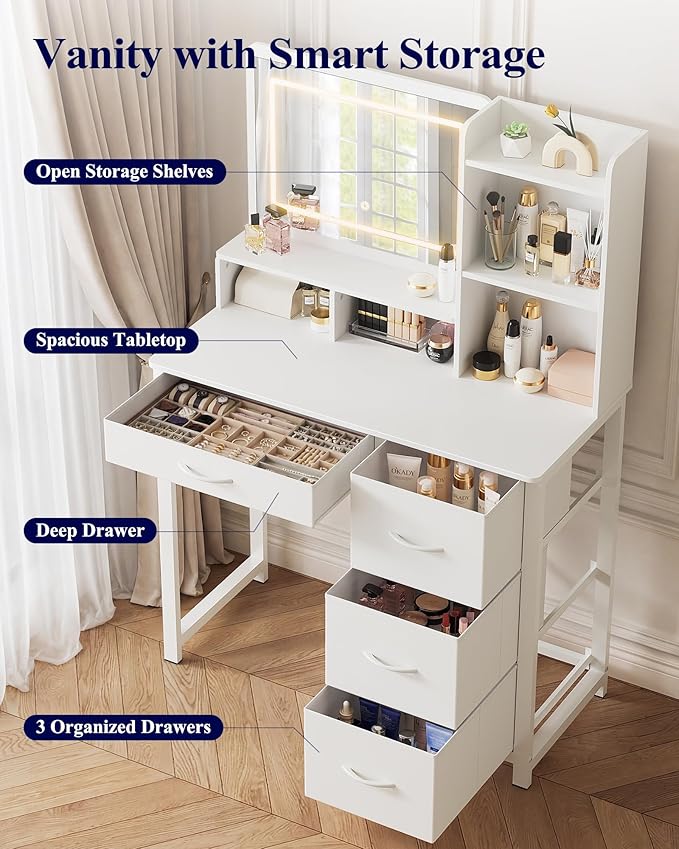 Kitsure Vanity Desk with Mirror and Lights - Large Capacity Makeup Vanity with 4 Fabric Storage Drawers & 3 Lighting Modes, Vanity Table Set with Sturdy Metal Frame for Bedroom, White, 35" x 17" x 52"