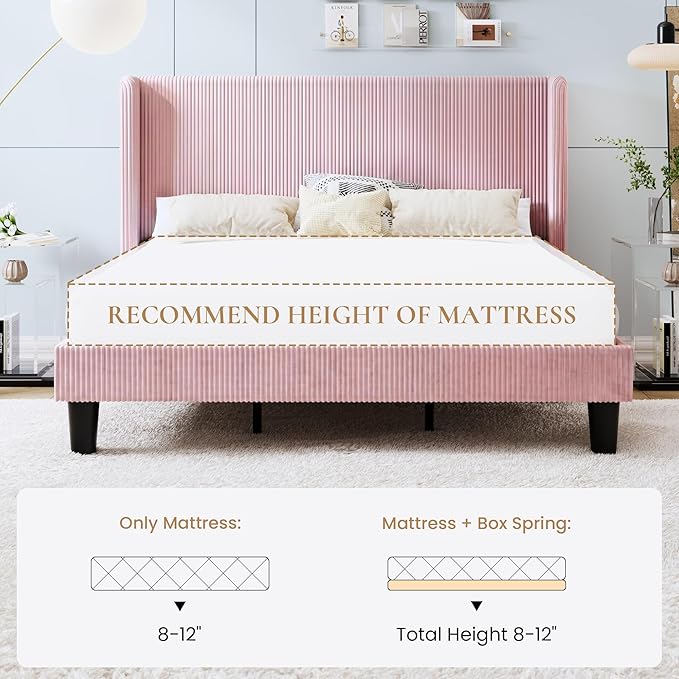 SHA CERLIN King Size Corduroy Upholstered Platform Bed Frame with Vertical Channel Tufted Wingback Headboard, 8" Under Bed Storage, Wooden Slats & Metal Frame Support, Easy Assembly, Light Pink
