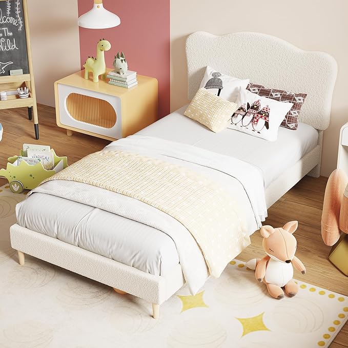 GarveeHome Upholstered Twin XL Size Bed Frame for Kids with Scallop Headboard, Cute Velvet Twin XL Bed for Girls, Boys, Sturdy Platform Bed, No Box Spring Needed, Wooden Slats, Noise Free, Beige