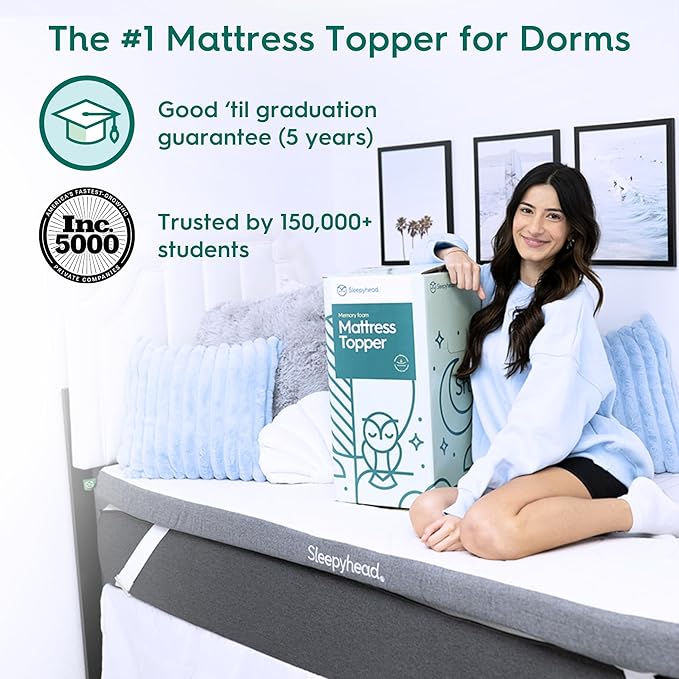 Sleepyhead Full 3 Inch Mattress Topper for College Dorm Beds, Cooling Gel Memory Foam, Pressure-Relieving Comfort, Removable Washable Cover, CertiPUR-US® Certified (Full 3")