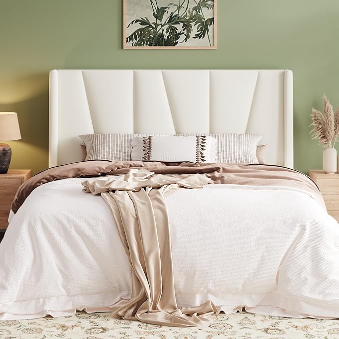 Allewie Full Size Platform Velvet Bed Frame with Geometric Wingback Headboard, Boho Upholstered Bed with Wooden Slats Support, No Box Spring Needed, Easy Assembly, Cream