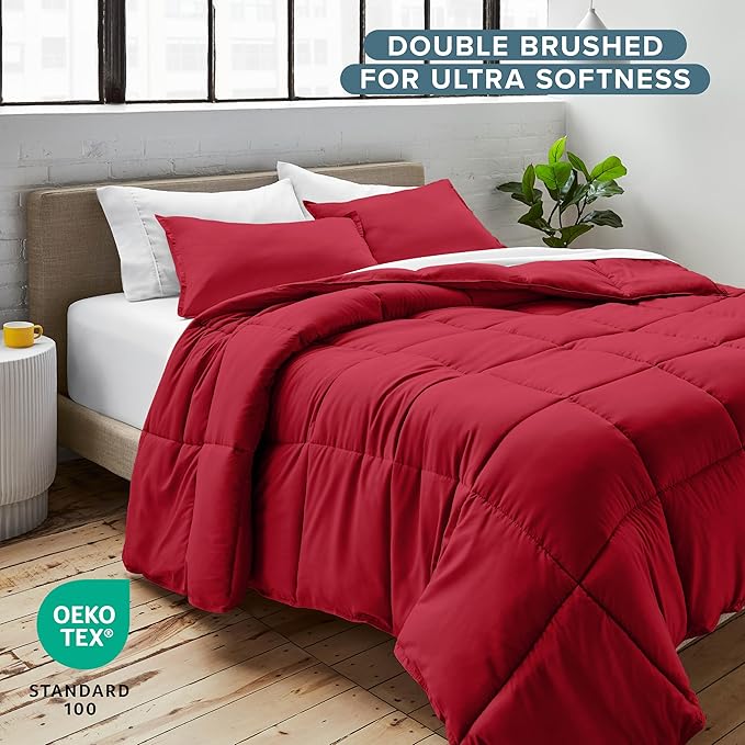 Bare Home Comforter Set - Full Size - Ultra-Soft - Goose Down Alternative - Premium 1800 Series - All Season Warmth (Full, Red)