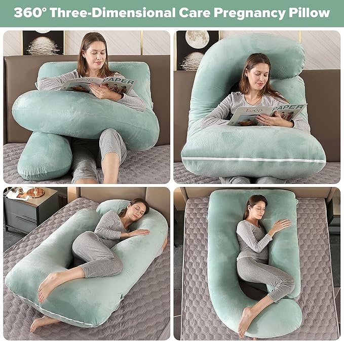U-Shaped Full Body Pregnancy Pillow for Sleeping – 57" Maternity Pillow with Removable Cover, Support for Back, Legs, Belly & Hips (Velvet-Green)