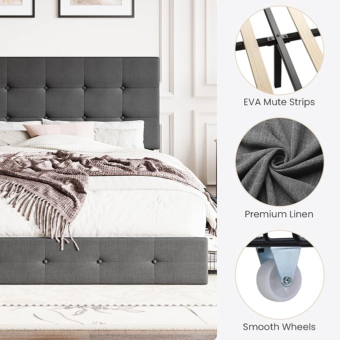 SHA CERLIN Upholstered Queen Size Platform Bed Frame with 4 Storage Drawers, Adjustable Headboard with Square Stitched Button Tufted Design, Wooden Slat Support, No Box Spring Needed, Dark Grey