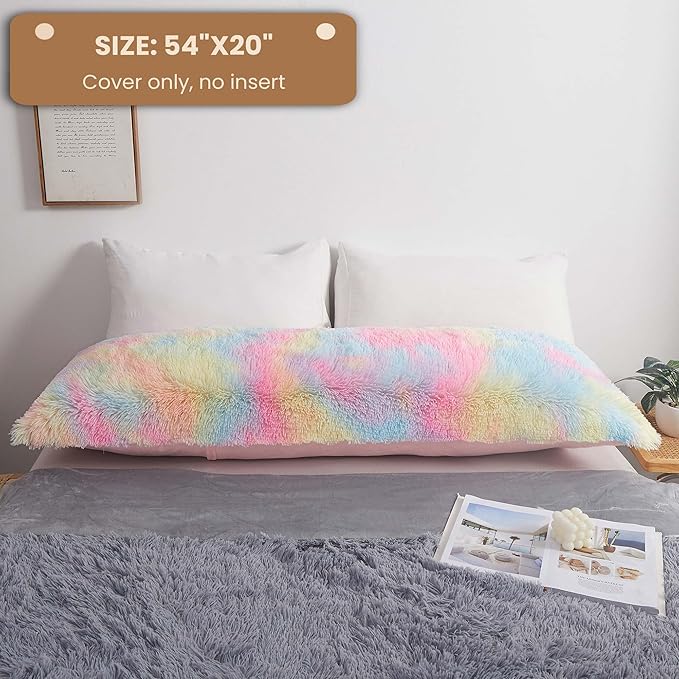 MEGO Rainbow Print Fluffy Body Pillow Cover, 20x54 Shaggy Faux Fur Body Pillow Case, Tie Dye Soft Plush Fuzzy Body Pillowcase, Furry Long Bed Pillow with Zipper for Kids Girls Children Women Rainbow